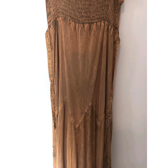 Sakkas Boho Maxi Dress 1X/2X Tan Embroidered Crinkle Cotton Rayon Elastic Bust - Picture 8 of 14
